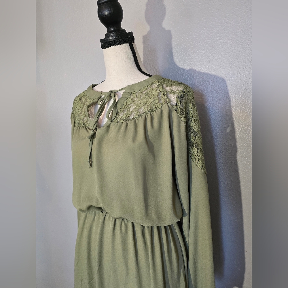 Cure Olive Green Lace Trim Keyhole Long Sleeve Dress Size M